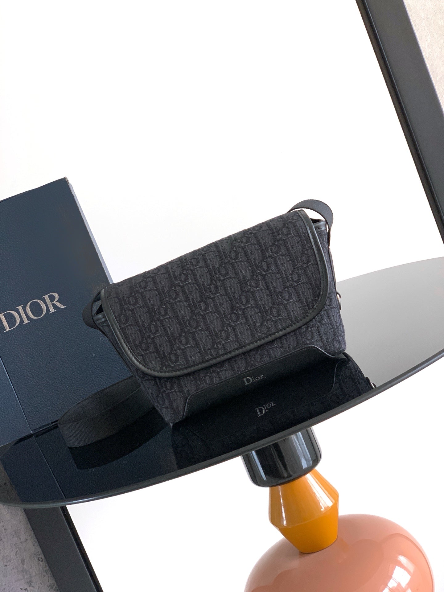 Dior monogram flap crossbody bag with shoulder strap, dark navy/black