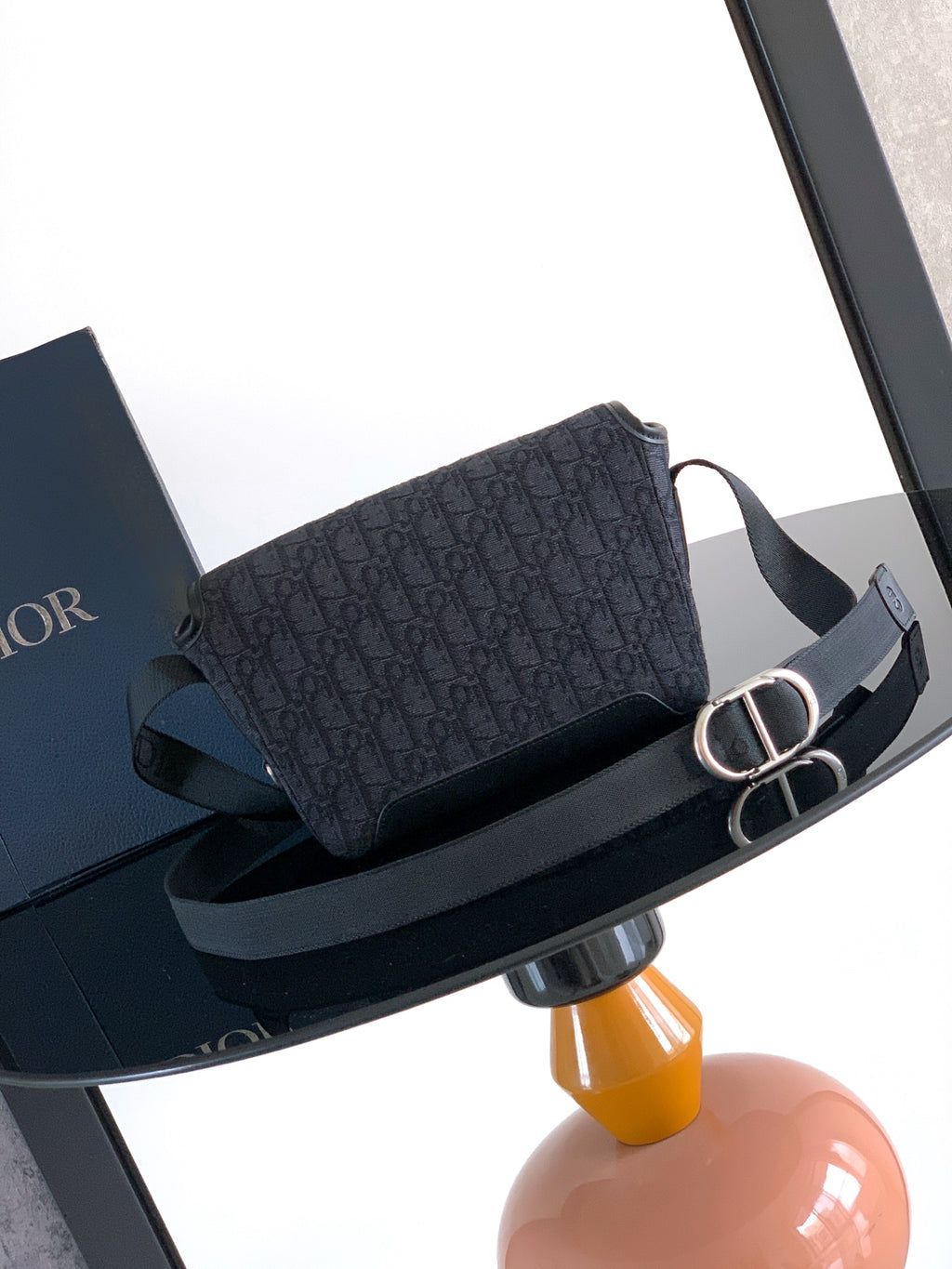 Dior monogram crossbody bag with D-ring strap hardware, dark