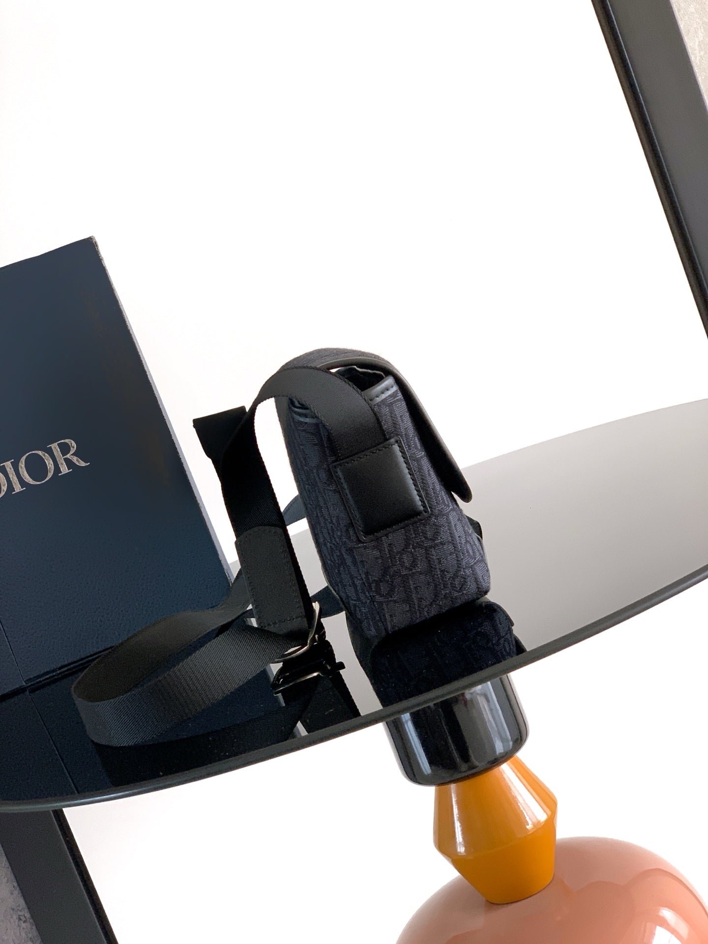 Dior monogram crossbody bag, adjustable strap and buckle, dark fabric