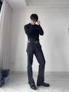 Black dress pants with belt and buckle, relaxed straight-leg fit