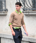 Black pants with belt and silver buckle, relaxed straight-leg fit