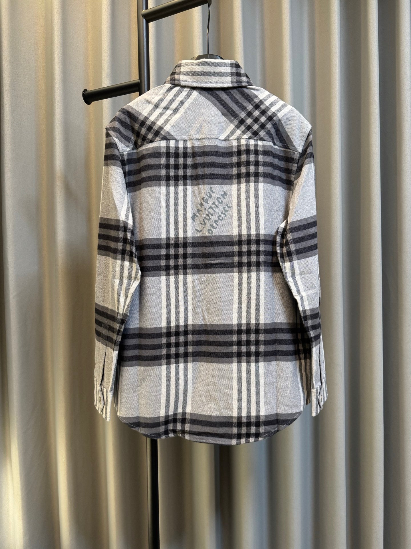 Louis Vuitton long-sleeve plaid shirt, back view with button placket and collar