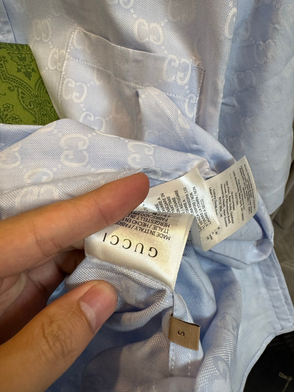 Gucci light blue monogram short-sleeve button-up shirt, fabric and care label details