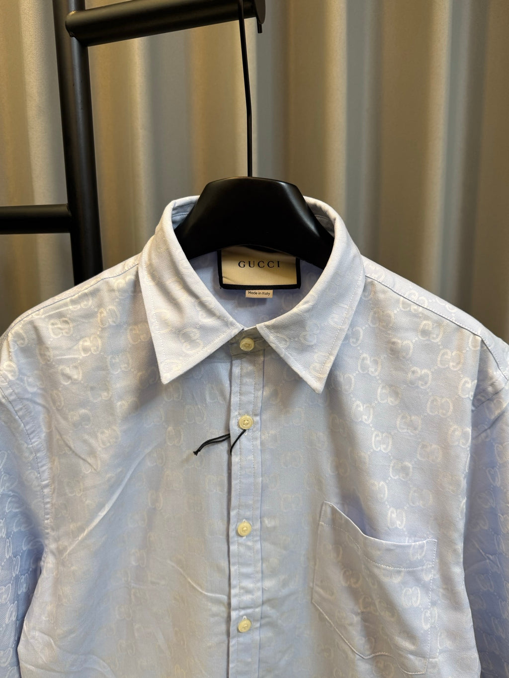 Gucci light blue monogram short-sleeve button-up shirt, collar and front button placket