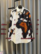 Louis Vuitton long-sleeve shirt with black, white, and orange camo print, button placket