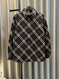 Burberry long-sleeve plaid button-up shirt, dark brown with blue and white checks
