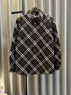Burberry long-sleeve plaid button-up shirt, dark brown with blue and white checks