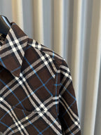 Burberry plaid long-sleeve shirt sleeve and cuff, dark brown with blue and white checks