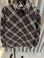 Burberry plaid button-up shirt front, dark brown with blue and white checks