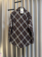Burberry plaid long-sleeve button-up shirt, dark brown with blue and white checks