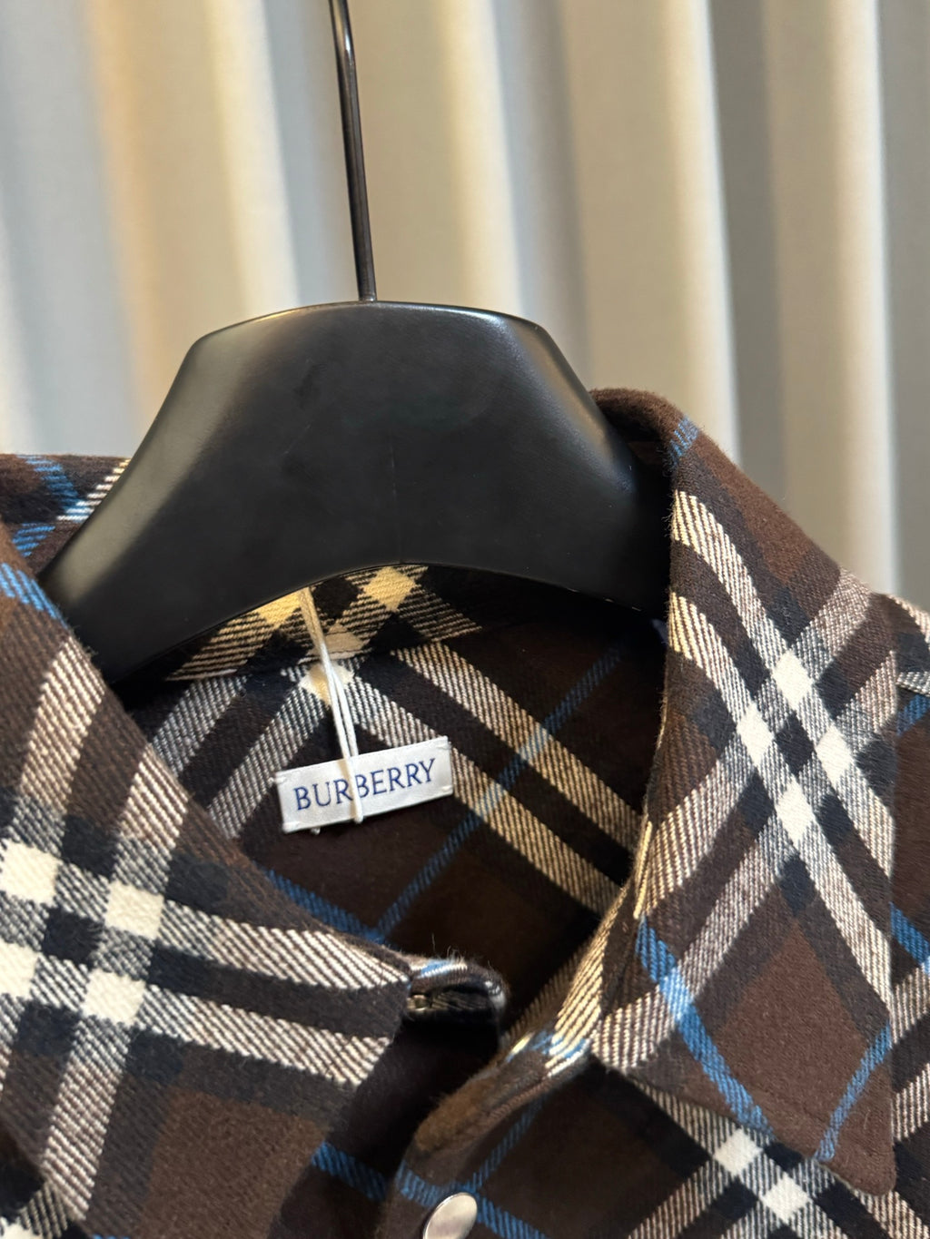Burberry plaid shirt neckline with label, dark brown with blue and white checks