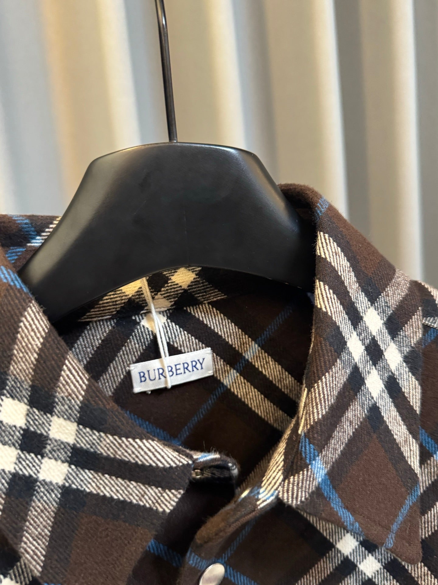 Burberry plaid shirt neckline with label, dark brown with blue and white checks