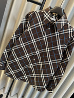 Burberry plaid long-sleeve shirt close-up, dark brown, blue and white check pattern