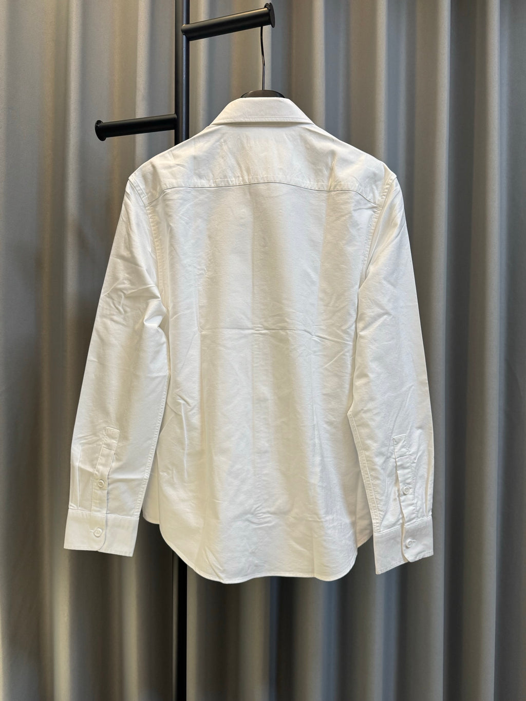 Burberry long-sleeve button-up shirt, white, back view with yoke and seam details