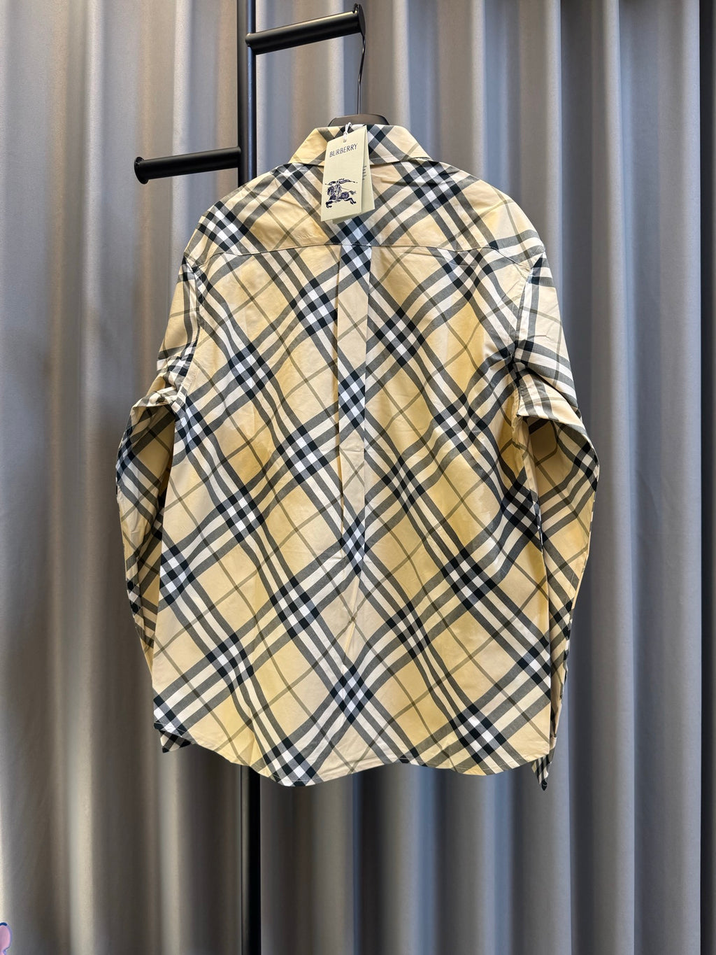 Burberry plaid button-up shirt, tan base with navy check pattern and long sleeves