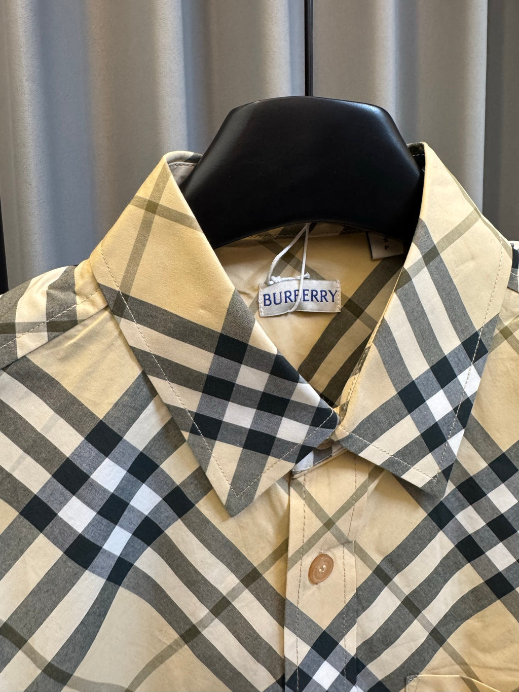 Burberry tan plaid button-up shirt with navy checks and pointed collar