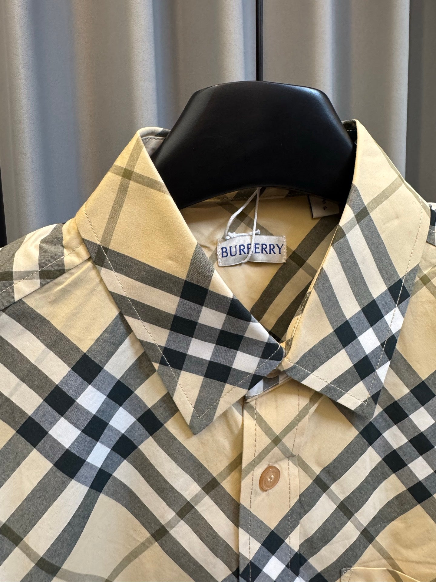 Burberry tan plaid button-up shirt with navy checks and pointed collar