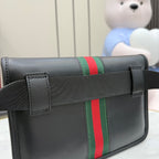 Gucci crossbody bag in dark leather with green and red web stripe and front flap