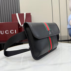 Gucci black crossbody bag with flap, green-red stripe, and wide adjustable strap