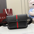 Gucci black crossbody bag with front flap and green-red web stripe