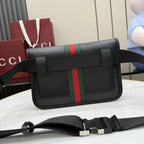 Gucci shoulder bag in dark leather with green-red web stripe, top flap, and adjustable strap