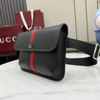 Gucci black crossbody bag side view with green-red web stripe and metal ring