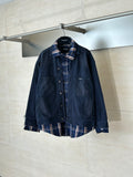 Denim jacket with plaid collar and plaid hem, long sleeves, button-front