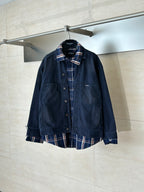 Denim jacket with plaid collar and plaid hem, long sleeves, button-front