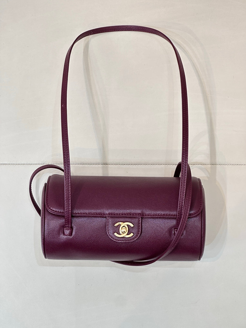 Chanel burgundy leather small shoulder bag with gold CC front logo and top handle