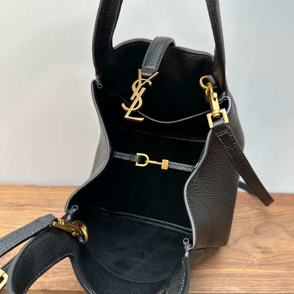 YSL mini leather tote bag open top, black interior with YSL emblem and gold hardware