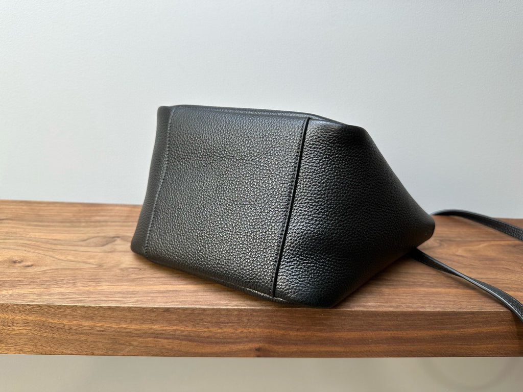 YSL mini leather tote bag, black textured leather base with folded structure