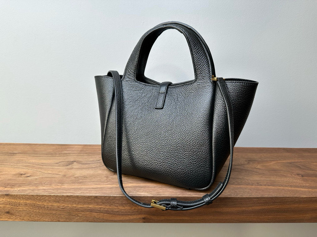 YSL mini leather tote bag, black textured leather with top handle and detachable strap