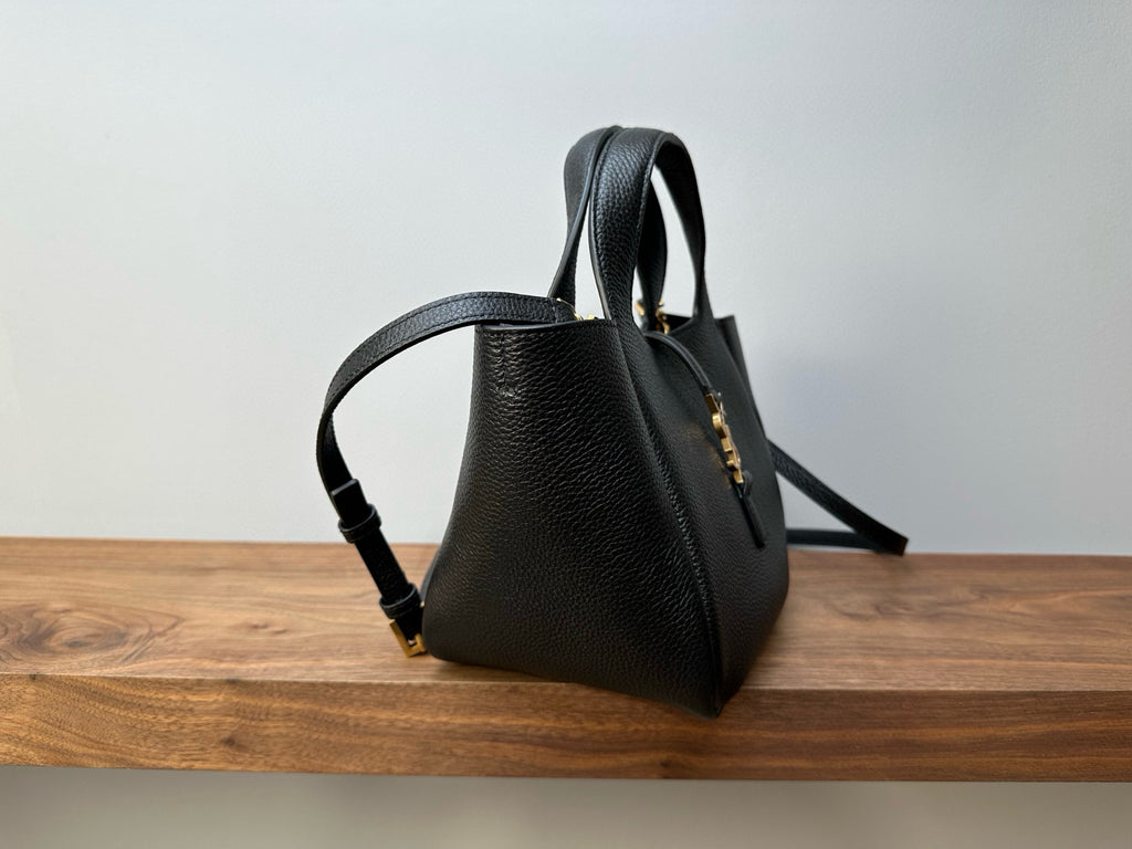 YSL mini leather tote bag, black textured leather with top handle and crossbody strap
