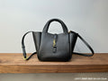 YSL mini leather tote bag, black textured, top handle, front YSL logo, gold hardware
