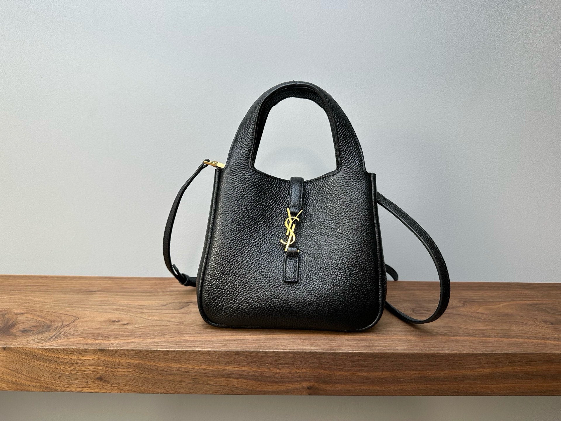 YSL mini leather tote bag, black textured, top handle and crossbody strap with gold clasps