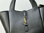 YSL mini leather tote bag front, black textured, YSL logo plate and handle strap