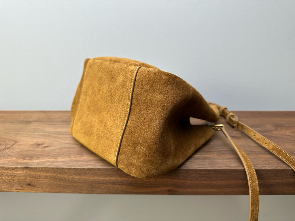 Suede mini tote bag with rounded base and shoulder strap, tan