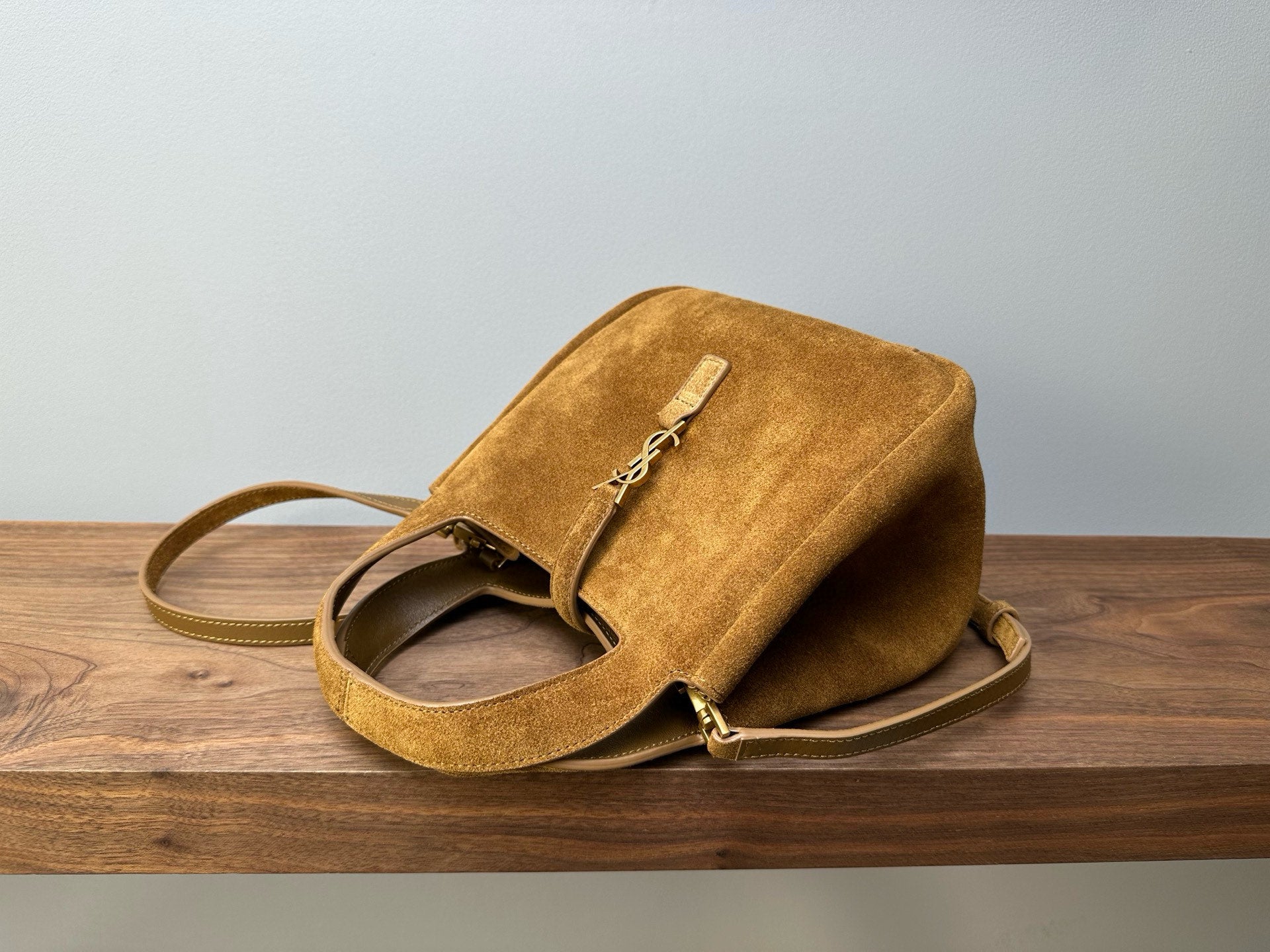 Suede mini tote bag with open top and shoulder strap, tan