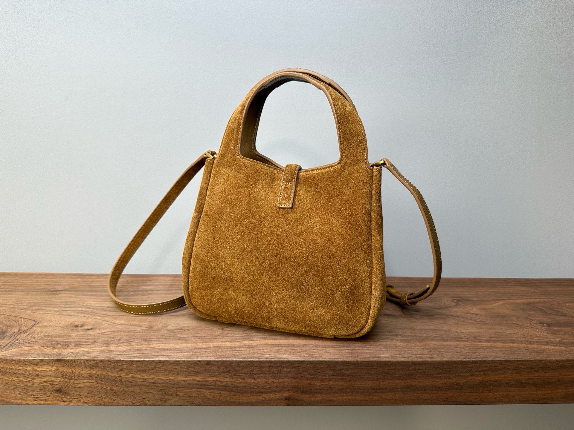 Suede mini tote bag with structured shape and shoulder strap, tan