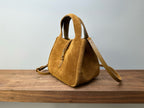 Suede mini tote bag with top handle and crossbody strap, tan