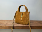 YSL suede mini tote bag with top handle, shoulder straps, tan