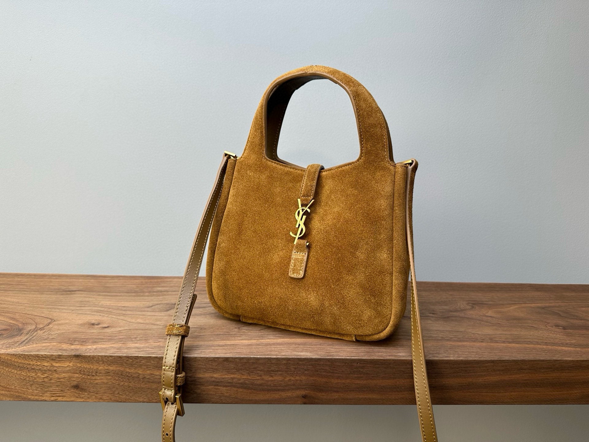 YSL suede mini tote bag with top handle, shoulder straps, tan
