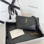 Black textured leather YSL shoulder bag with chain strap and front flap logo