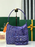 Purple patterned Goyard hobo bag with top handle and front flap pocket