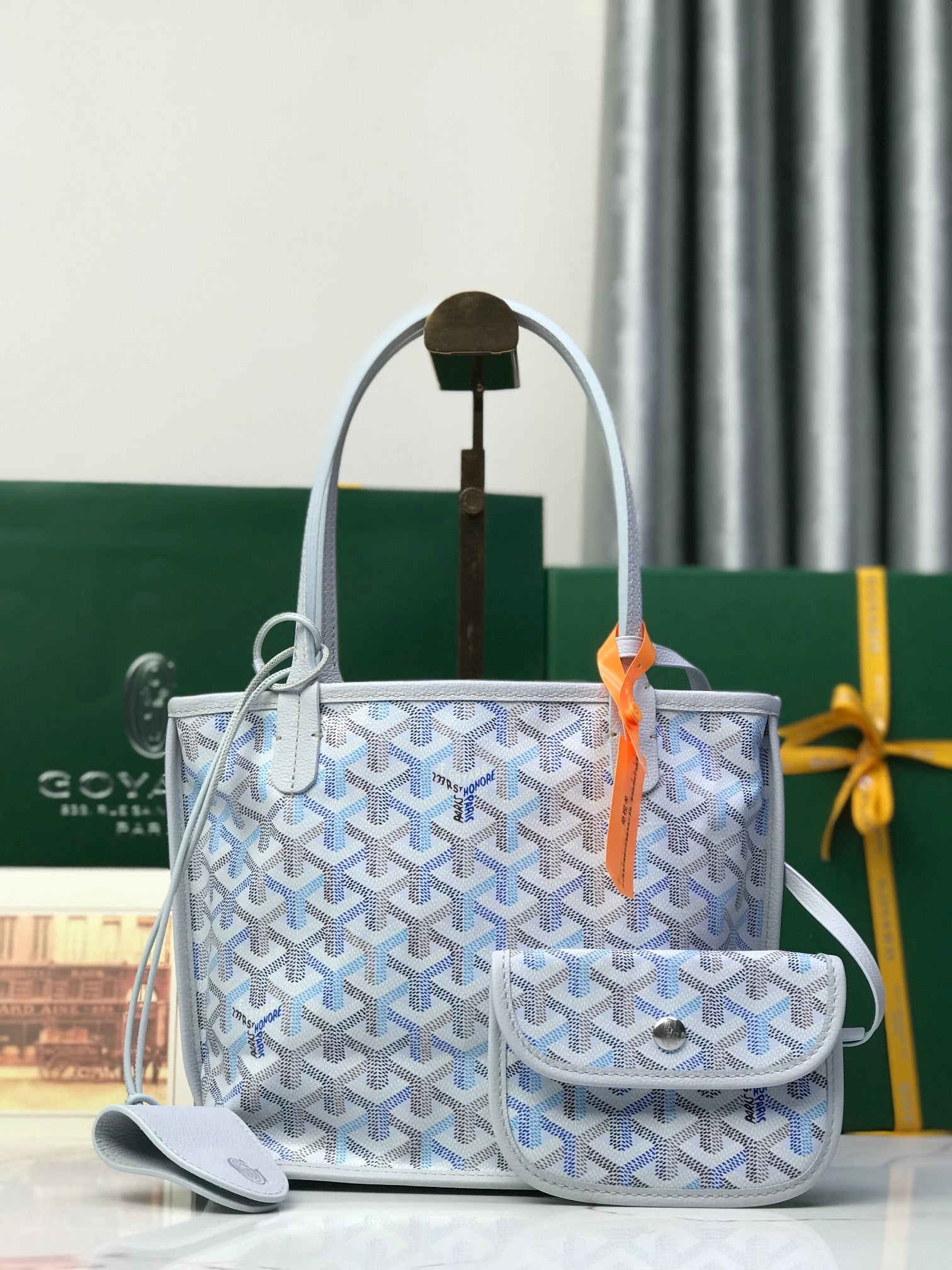 Goyard patterned tote bag with top handles and detachable crossbody pouch