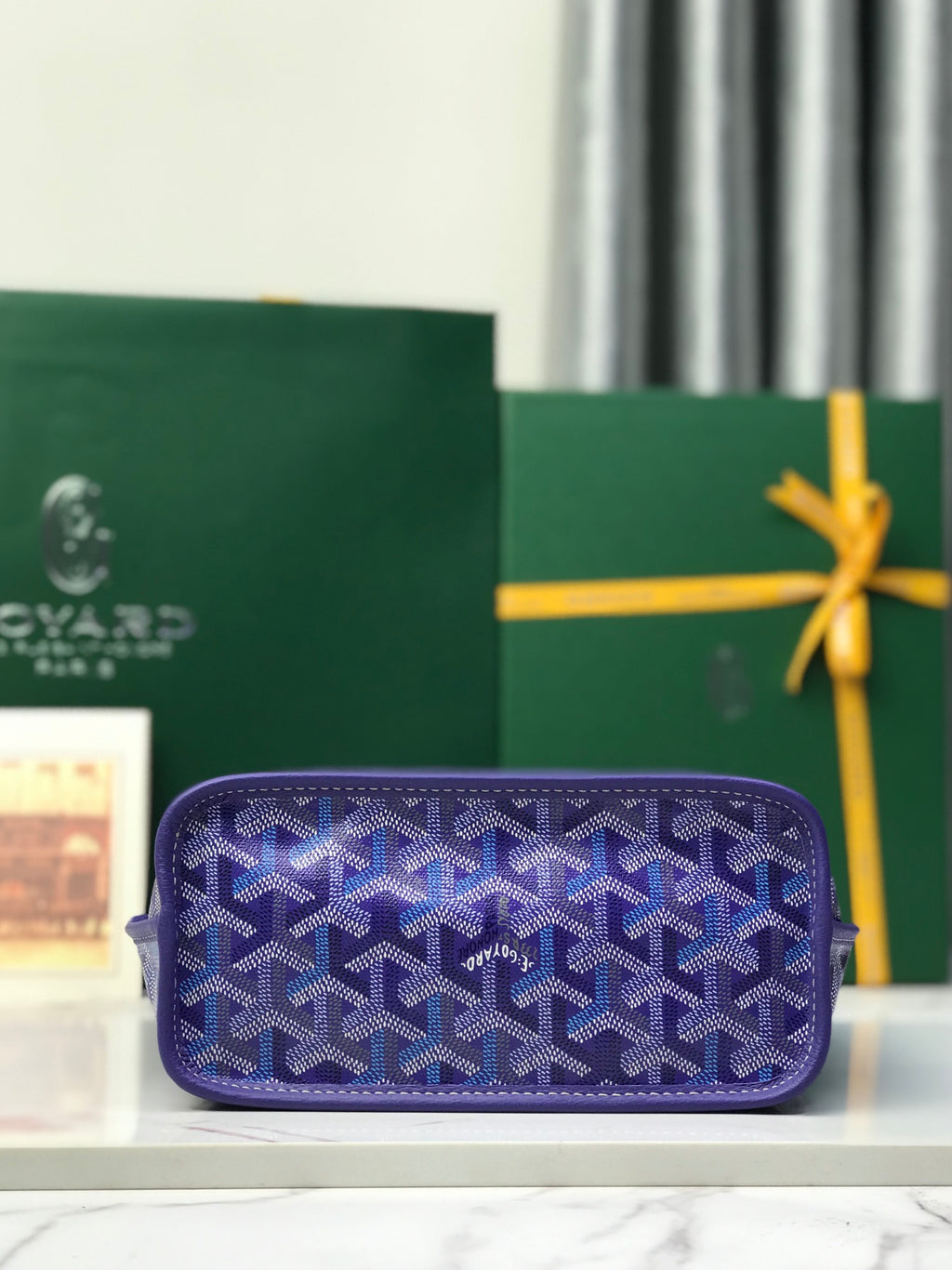 Goyard purple monogram zip pouch bag with rounded top and zipper pull