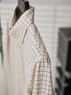 Ralph Lauren plaid shirt sleeve and shoulder close-up with collar and seam detail