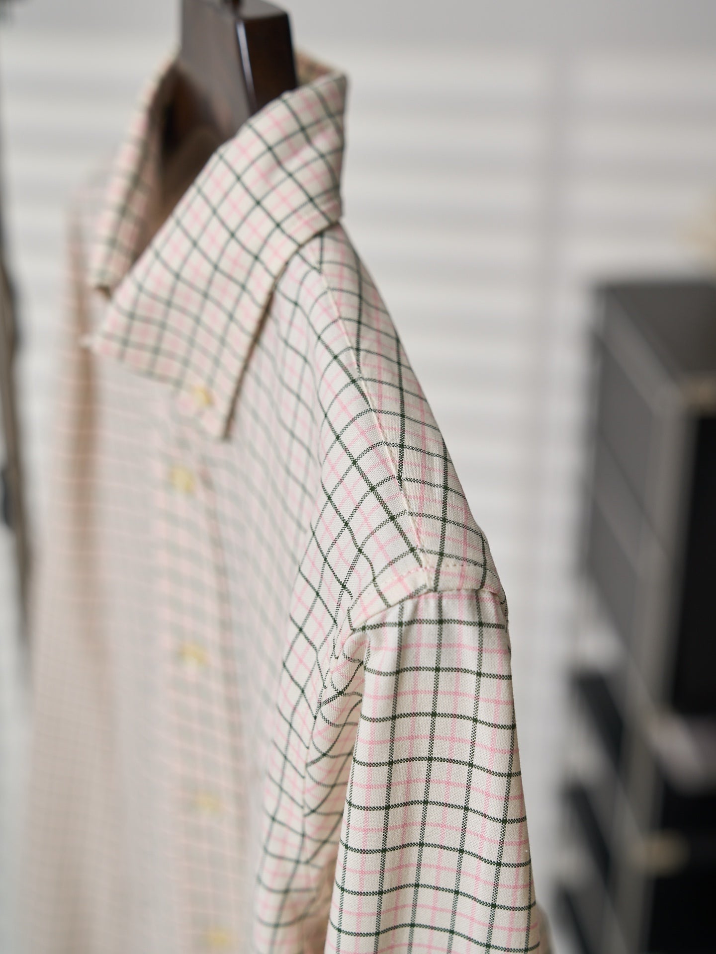 Ralph Lauren plaid shirt sleeve and shoulder close-up with collar and seam detail
