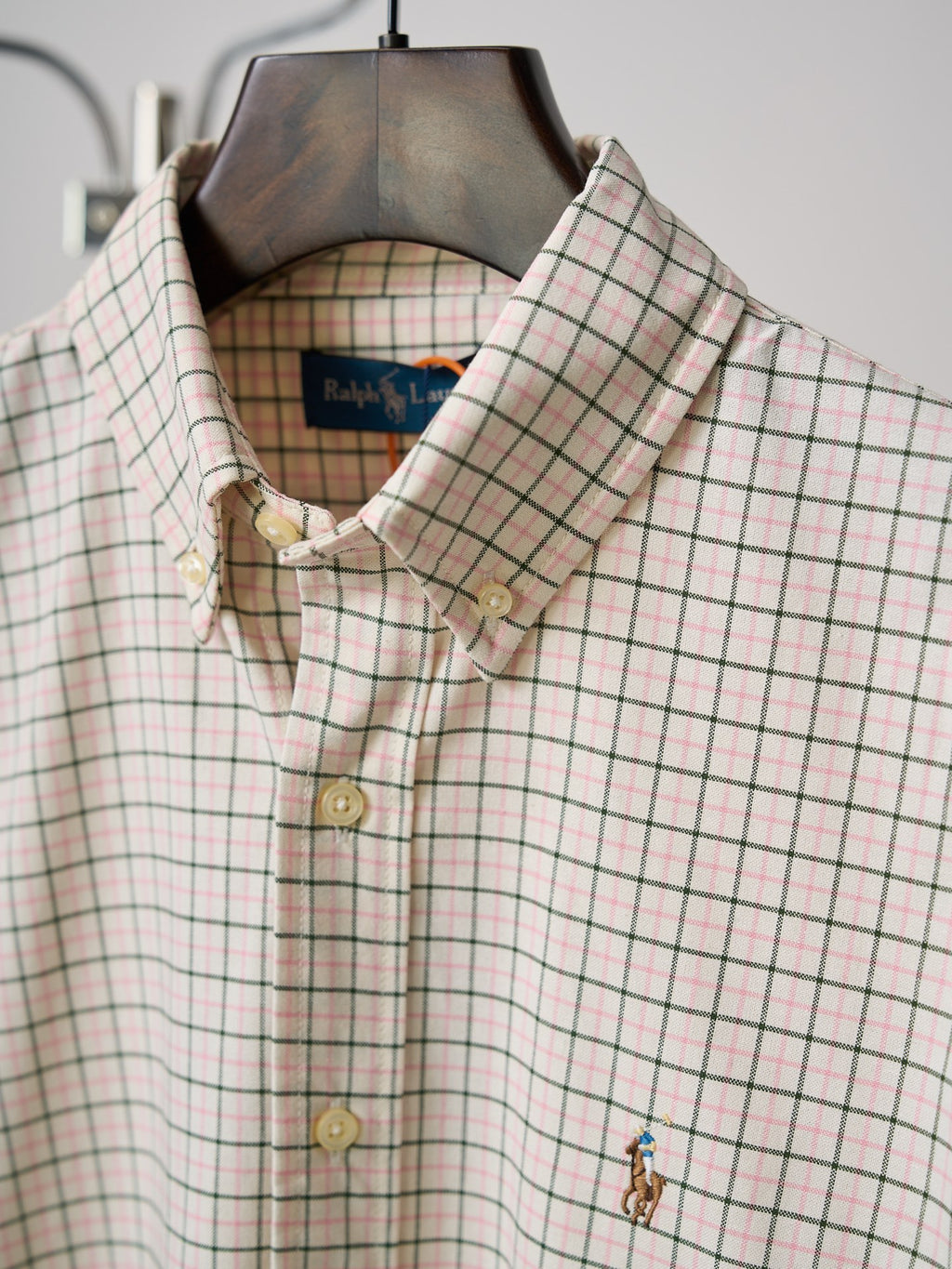 Ralph Lauren plaid button-up shirt close-up showing point collar and front buttons