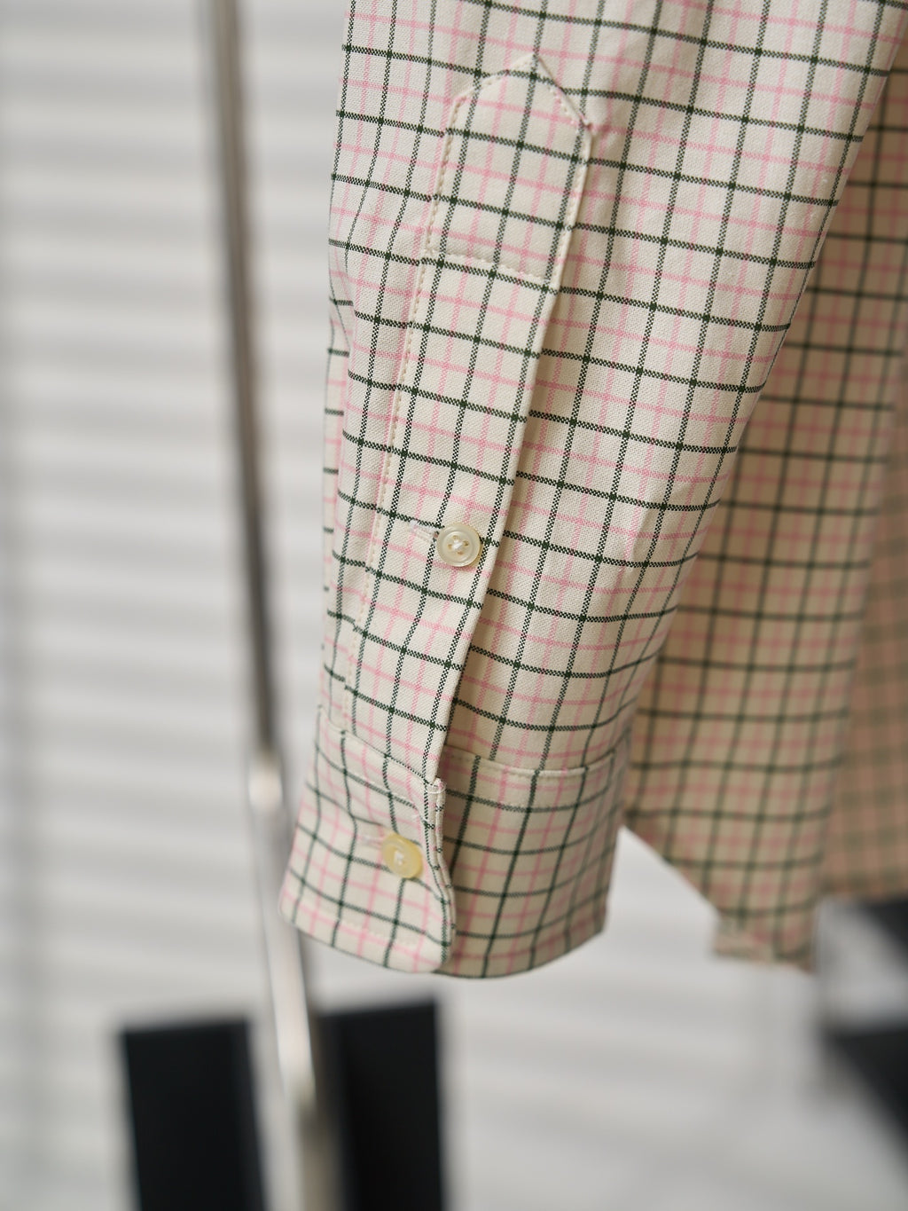 Ralph Lauren plaid shirt sleeve close-up with button placket and cuff